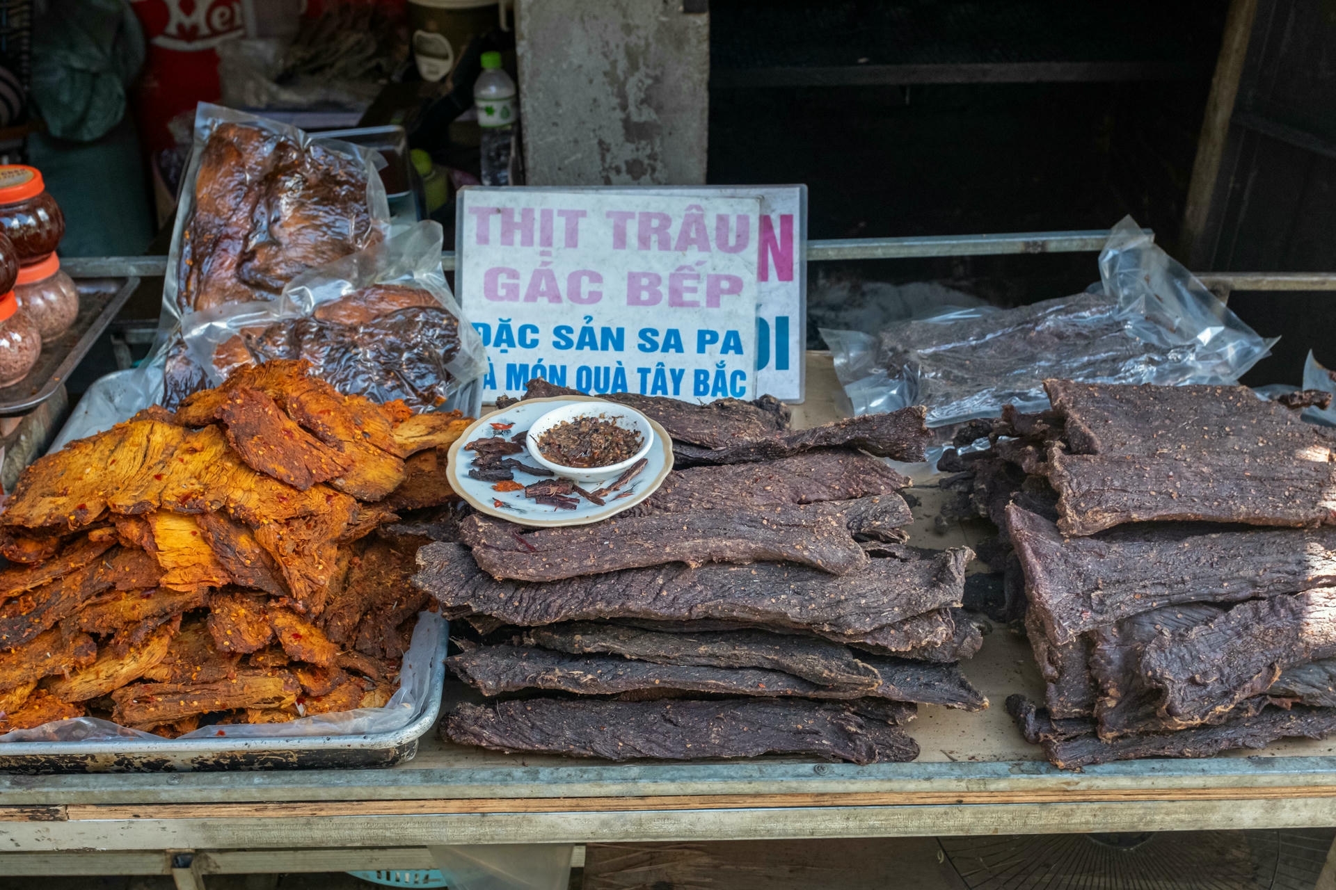 Thịt trâu gác bếp, a traditional smoked buffalo meat from Sapa, Vietnam, often served as a specialty dish by ethnic minorities in Northern Vietnam.